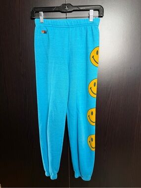 Aviator Nation Turquoise Joggers with Yellow Smile Faces